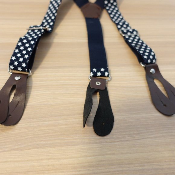Suspender Boy Blue Dark White Button Leather Y Back Adjustable Stretch Star Fun - Picture 4 of 7